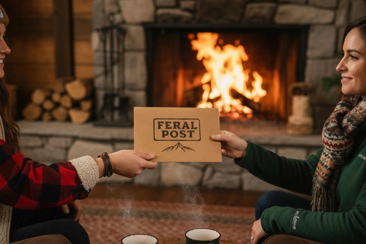 Two people sitting by a warm stone fireplace, holding a brown kraft paper Feral Post card between them. The card features the text 'FERAL POST' and a simple mountain graphic.