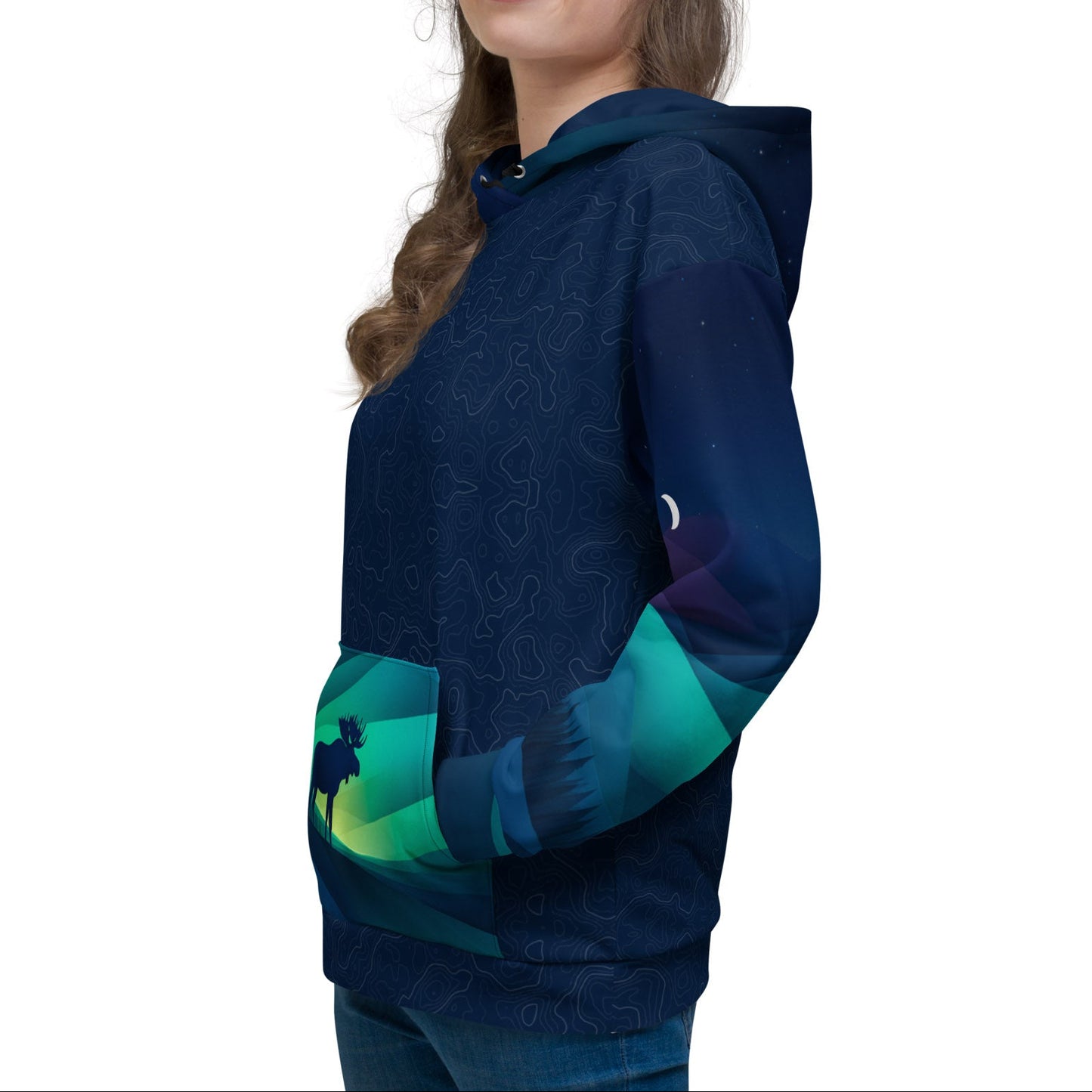 Woman wearing a blue hoodie with green accents on a white background