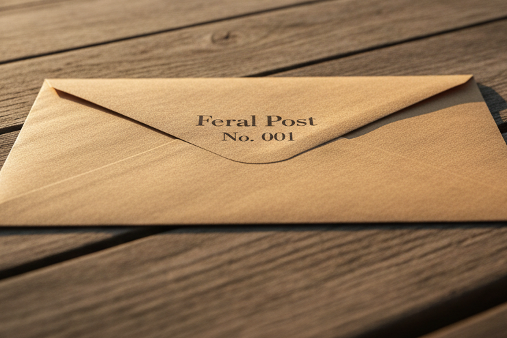 A brown kraft paper envelope labeled 'Feral Post No. 001' resting on a weathered wooden table with a blurred outdoor background.